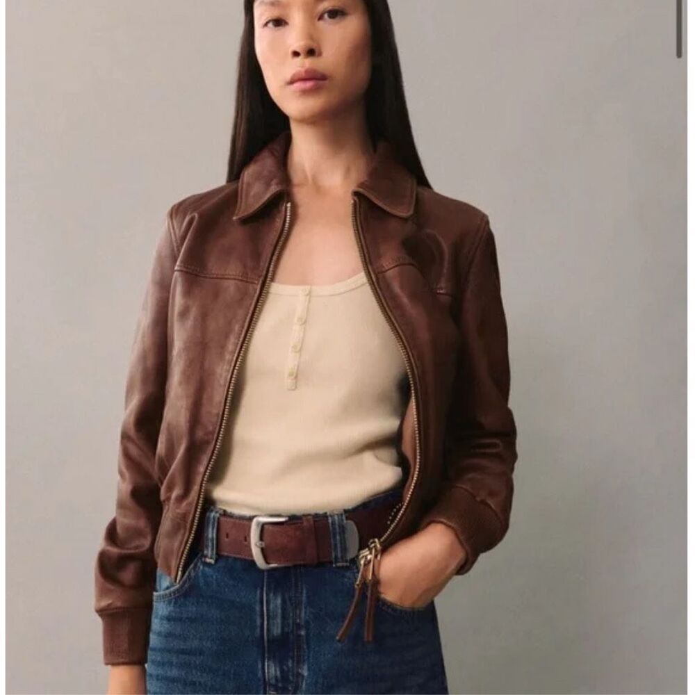 Mango MNG $240 Brown 100% Leather Jacket bomber coat women's medium NWT